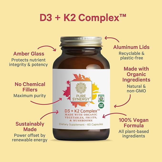 PURE SYNERGY D3 + K2 Complex | Vegan Vitamin D3 K2 Complex | Organic D3 Supplement with Vitamin K2 and K1 Plus Organic Whole Foods | Supports Bone Brain and Immune Health (60 Capsules)