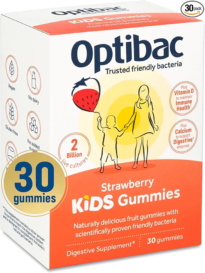 Optibac Kids Probiotics Gummies | 30 Strawberry-Flavored Probiotic Gummies for Kids with Vitamin D &amp Calcium | 2 Billion Live Cultures | Vegan Children’s Supplement for Digestive &amp Immune Heal