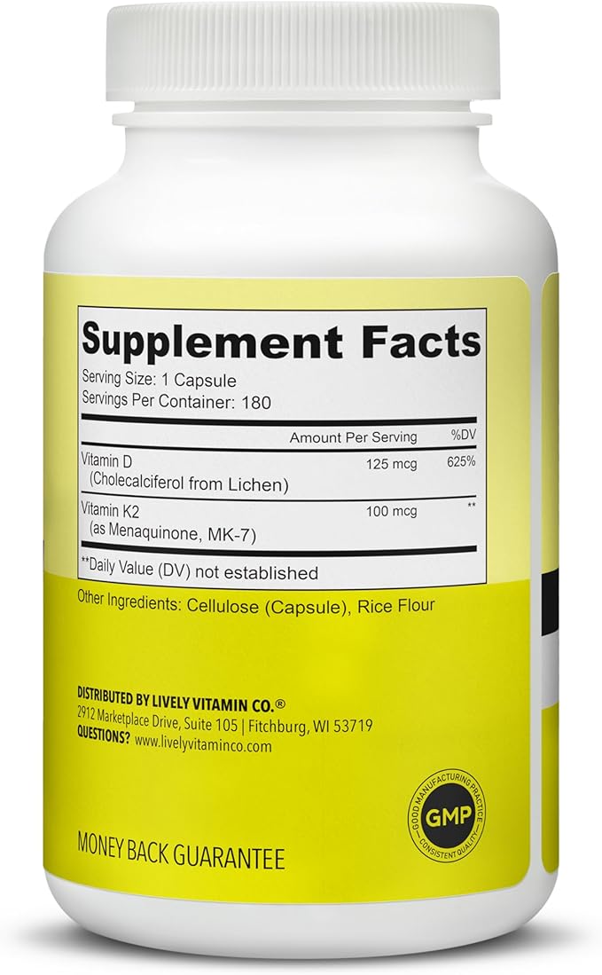 LIVELY VITAMIN CO. Solar Power Vitamin D3 5000 iu - Patented Vitamin K - MK7 - Immune Balance - Brain Function - Mood - Heart - Stress - 180 Count