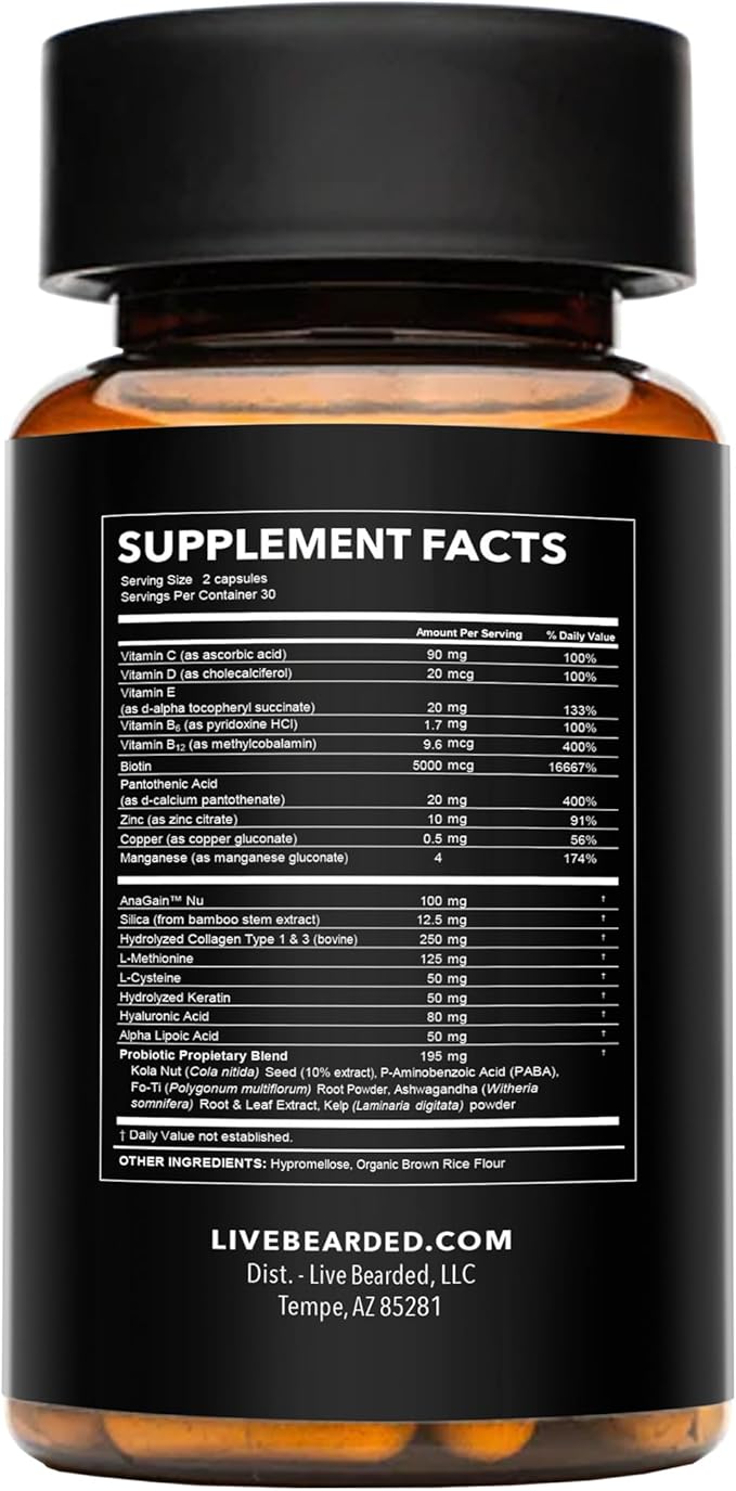 Live Bearded Beard Boost - Beard Growth Vitamins for Men with Biotin Collagen Silica Fo-Ti Root - Facial Hair Growth for Men Made in the USA | 60-Day Supply