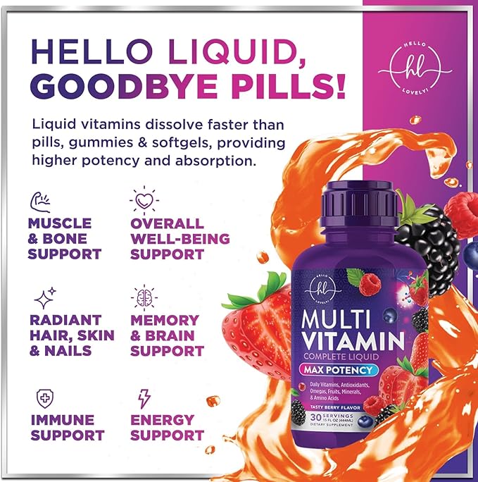 Liquid Multivitamin - Sugar Free Daily Multi Vitamin for Women Men &amp Kids Vitamins A C D B-12 Biotin &amp Zinc - Supports Faster Hair Growth &amp Skin Wrinkles Vegan Non-GMO Berry Flavo