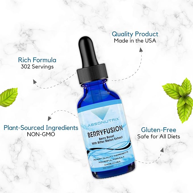 Absonutrix BerryFusion 390 mg 4 FL OZ Liquid 302 Servings Made in USA Plant-Based Ingredients Blueberry Extract Bitter Melon Gluten-Free Non-GMO