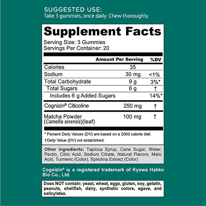 Goli Matcha Mind Gummies - 180 Count - Green Tea Leaves Powder with Cognizin for Focus Attention and Brain Health Vegan Non-GMO Gluten-Free &amp Gelatin Free.