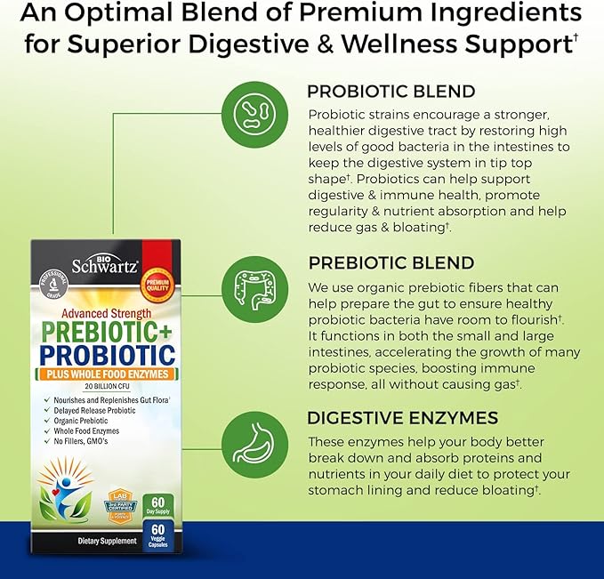 Super Greens Powder with Probiotics Prebiotics and Digestive Enzymes (30 Servings) Plus Advanced Strength Pre and Probiotics Supplement with Digestive Enzymes (2 Month Supply)
