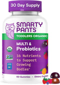 SmartyPants Organic Toddler Multivitamin Gummies: Probiotics Omega 3 (ALA) Vitamin D3 C Vitamin B12 B6 A K &amp Zinc Beta Carotene Gluten Free Three Fruit Flavors 60 Count (30 Day Supply)