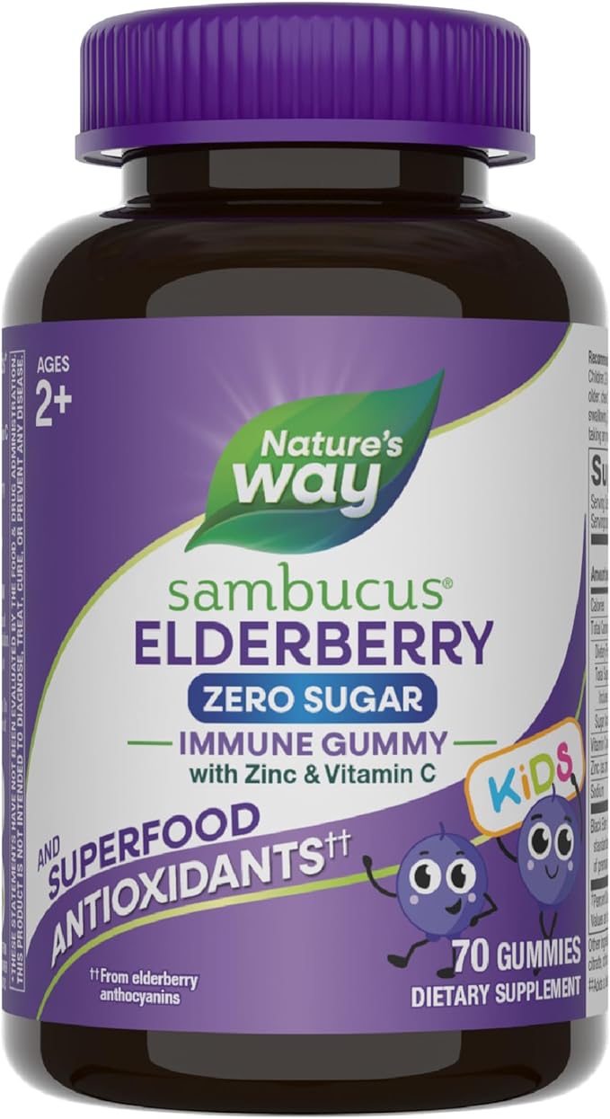 Nature's Way Sambucus Zero Sugar Elderberry Immune Gummies for Kids Immune Support* with Vitamin C Zinc Black Elderberry Extract 70 Count (Packaging May Vary)