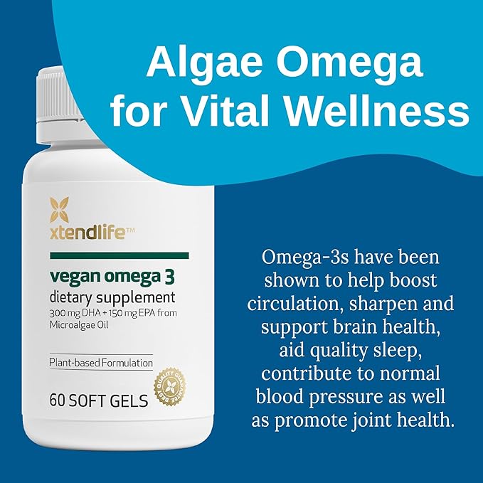 Xtendlife Vegan Omega 3 DHA &amp EPA for Heart Brain &amp Joint Support - Potent Plant-Based Supplement from Marine Algae - 30 Day Supply - Vegan &amp Vegetarian Friendly