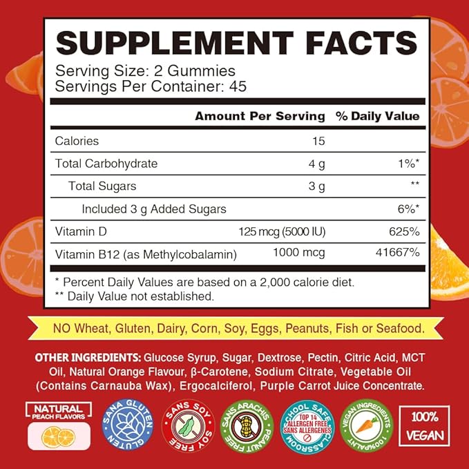 Vegan Omega-3 + Vitamin B12 Gummy | Algae Omega-3 DHA Supplements for Brain Heart Eyes Health | Methyl B12 1000 mcg &amp Vitamin D 5000 IU for Energy and Immune Support - 90 Count
