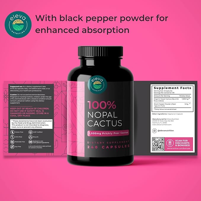 Nopal Cactus Capsules 1500mg- Organic Sun-Dried Prickly Pear Cactus Powder &amp Black Pepper Extract for Absorption- Natural Prickly Pear Super Supplement- Fiber Vitamins and Minerals 240 Capsules