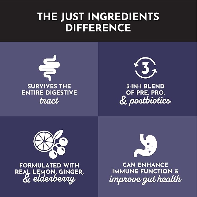 JUST INGREDIENTS Elderberry Lemonade 3-in-1 Probiotic Complex - Prebiotics Probiotics &amp Postbiotics - 30 Sticks