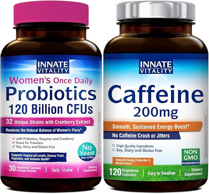 Innate Vitality Women’s Probiotics and Caffeine Capsules Bundle Non-GMO Dietary Supplements Vegan Capsules