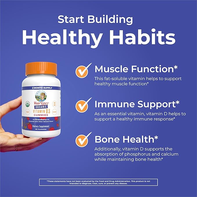 MaryRuth's Organic Vitamin D3 Gummies | 1000 IU | USDA Organic | Immune Support| Bone Health | Muscle Function | for Adults &amp Kids Ages 2+ | Vegan | Gluten Free | 2 Month Supply | 60 Count