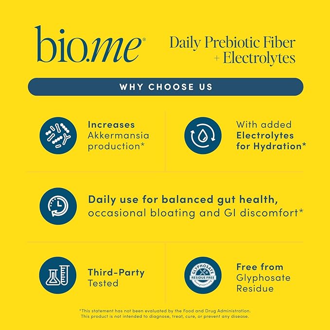 Bio.me Daily Prebiotic Fiber Lemonade with Electrolytes - 7g Per Serving - Soluble Fiber Supplement Powder for Women &amp Men - Digestive Health Gut Health &amp Hydration - Sugar Free - 30 Servings
