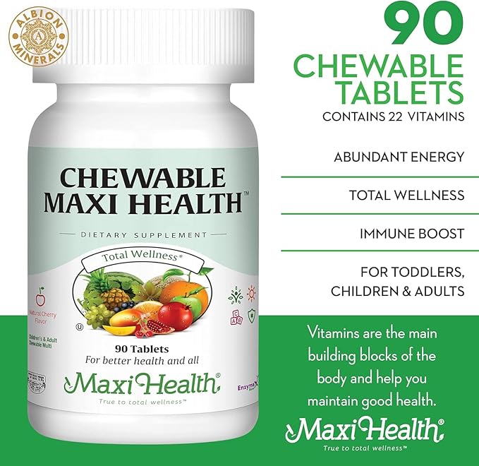 Maxi Health Chewable Multivitamin for Kids Teens and Adults - Cherry Chewable Vitamins for Adults &amp Children - Kosher Kids Multivitamin + Iron (90 Tablets)