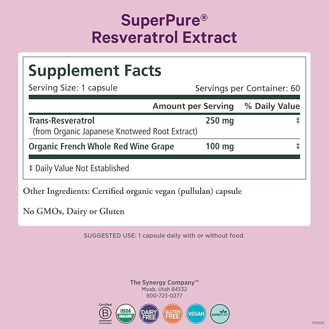 PURE SYNERGY SuperPure Resveratrol Extract | Organic Resveratrol Supplement | Antioxidant Trans-Resveratrol Extract with Grape Polyphenols | for Healthy Aging Heart and Skin Health (60 Capsules)