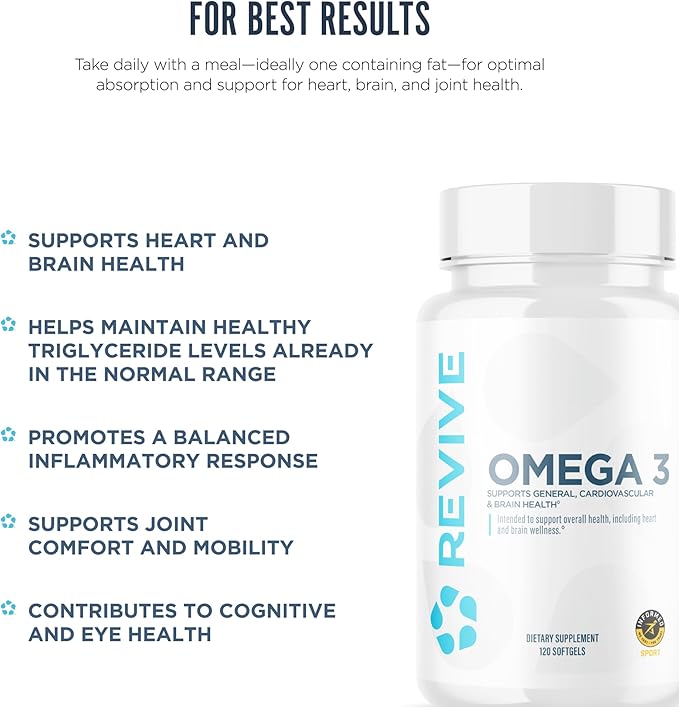 Revive MD Omega 3 Fish Oil Supplements for Men &amp Women – Softgels with EPA &amp DHA Fatty Acids for Healthy Skin &amp Joints Heart &amp Brain Support – Vegan-Friendly Gluten-Free (120 Softgel