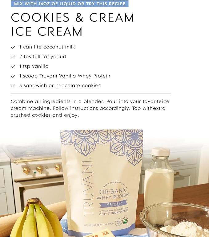 Truvani Organic Whey Protein Powder | Vanilla | 20g Grass Fed Whey Protein | 20 Servings | USDA Organic &amp Non-GMO | Gluten Free | No Gums No Soy No Stevia No Added Sugars
