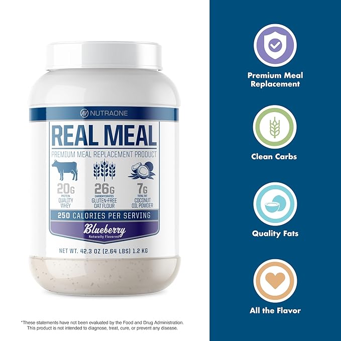 Real Meal by NutraOne - Perfect Meal Replacement Powder for Everyday Goals | Including Whey Protein Coconut Oil and Gluten-Free Oats* (Blueberry – 2.6 lbs.)