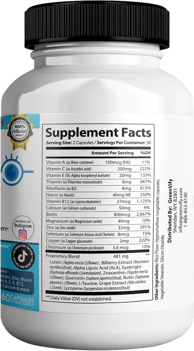 EyeGenics Max Vision Support Supplement 60 Capsules Maximum Strength Eye Health Formula with Lutein Bilberry Extract Vitamins (3)