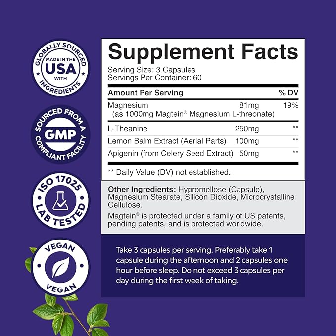 High Absorption Magnesium Sleep Supplement - Rest Support Magtein Magnesium L-Threonate and Apigenin Theanine for Sleep and Rest for Women &amp Men - Mg L-Threonate Melatonin Free Sleeping Aid - 180