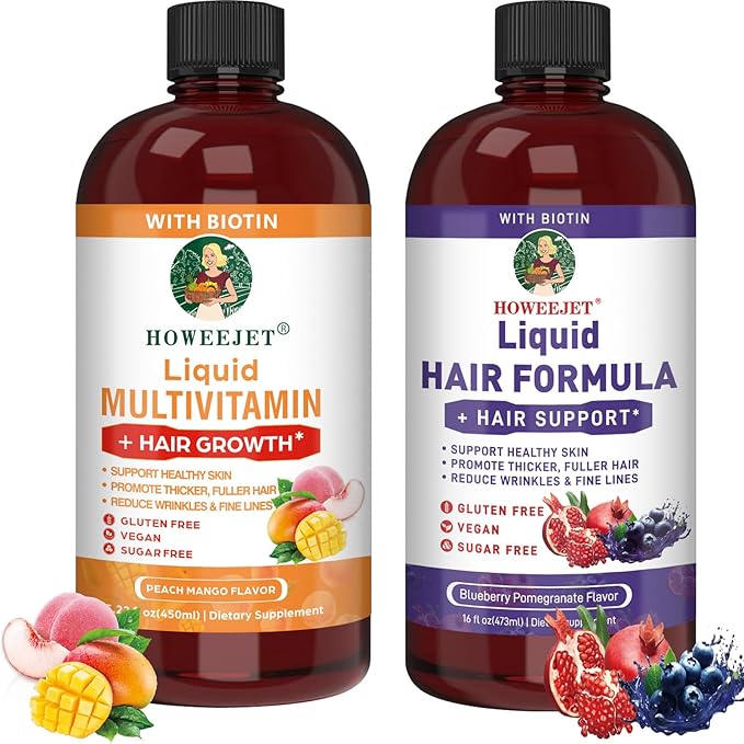 Liquid Multivitamin for Hair Growth &amp Hair Formula Bundle | Healthy Hair Habits | Clinically Tested for Thicker Hair &amp Skin Elasticity for Women | Peach Mango Flavor &amp Blueberry Pomegranat