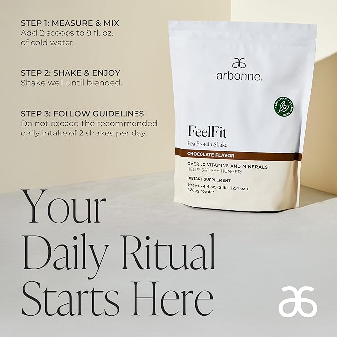 Arbonne Feelfit Pea Protein Shake - Daily Supplement Powder Vegan Protein for Support of Overall Health Energy and Well-Being Chocolate