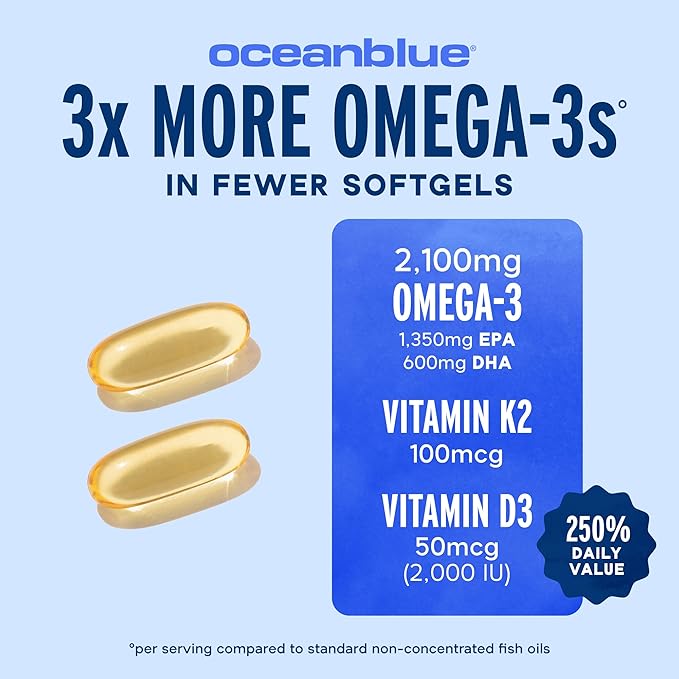 Oceanblue Professional Omega-3 2100 with Vitamin K2 and Vitamin D3-60 Count 2 Pack - Triple Strength Burpless Fish Oil Supplement with EPA DHA &amp DPA - Wild Caught - Orange Flavor - 60 Servings