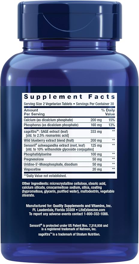 Life Extension Cognitex® Elite Pregnenolone sage Blueberry ashwagandha phosphatidylserine Advanced Formula Attention Focus Memory Gluten-Free Non-GMO Vegetarian 60 Tablets