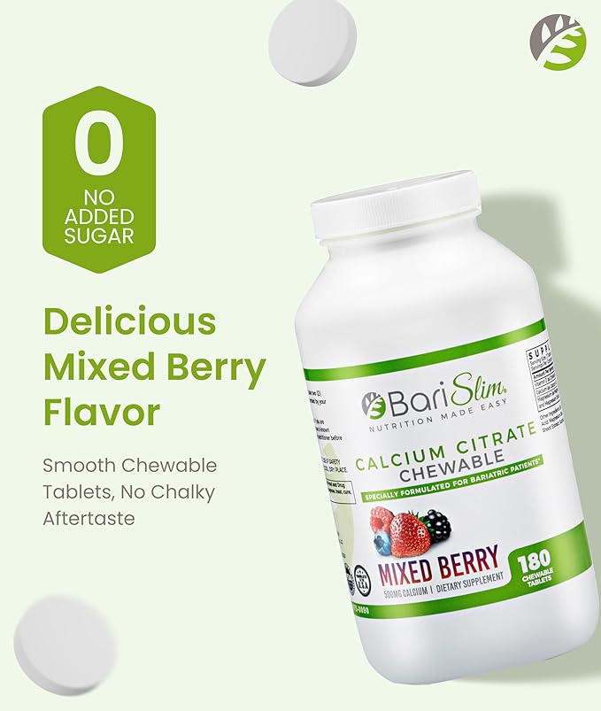 BariSlim Bariatric Calcium Citrate with Magnesium &amp Vitamin D Tabs - 500mg Calcium Citrate - Formulated for Post Weight Loss Surgery - Supports Bone Health | Mixed Berry | 180 Tablets