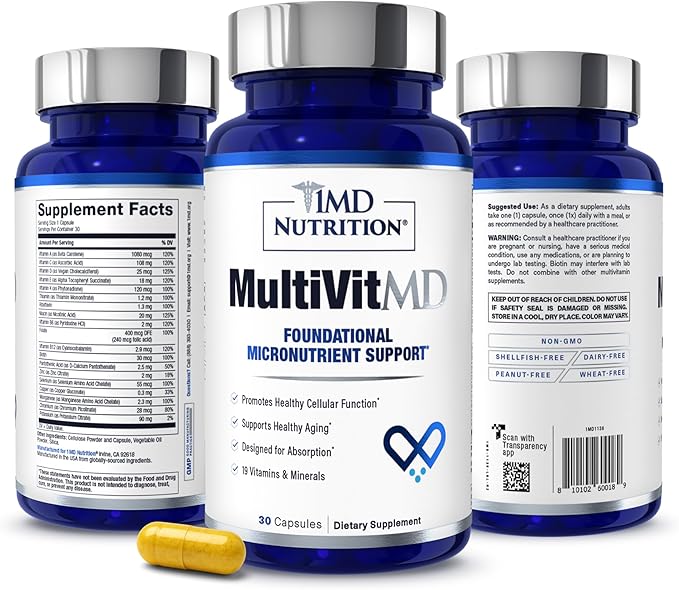 1MD Nutrition MultiVitMD Daily Multivitamin – 19 Essential Vitamins &amp Minerals for Adults Over 55 | Supports Healthy Aging Heart Brain Bone &amp Immune Health | Designed for Absorption | 30 C