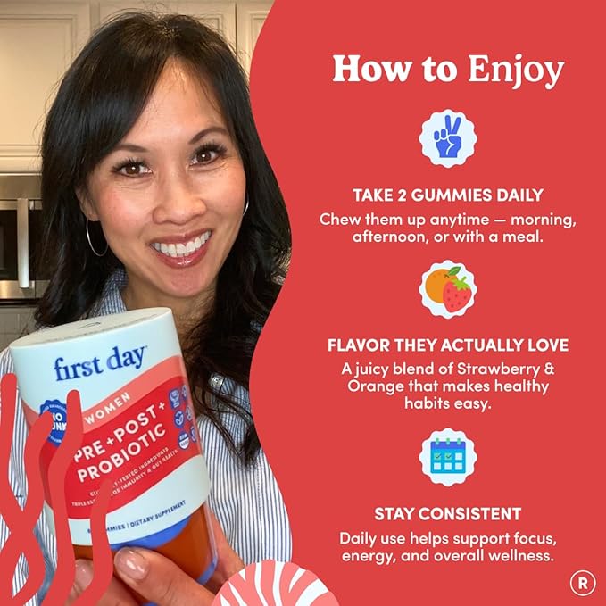 FIRST DAY Women’s Good Gut Tribiotic Gummies – 3-in-1 Prebiotic Probiotic &amp Postbiotic Supplement – Supports Immune Function and Digestive Oral Skin &amp Vaginal Health – 30-Day Supply