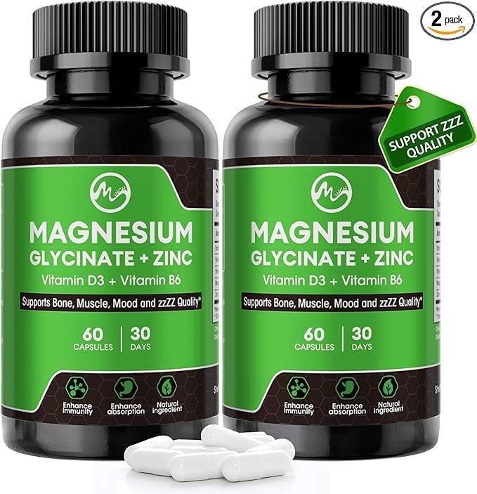 (2 Pack) Magnesium Glycinate Capsules Magnesium Supplement with Zinc Vitamin D3 &amp B6 - Highly Bioavailable and Absorption - Bone Heart Joint Immune Support 120 Vegan Capsules