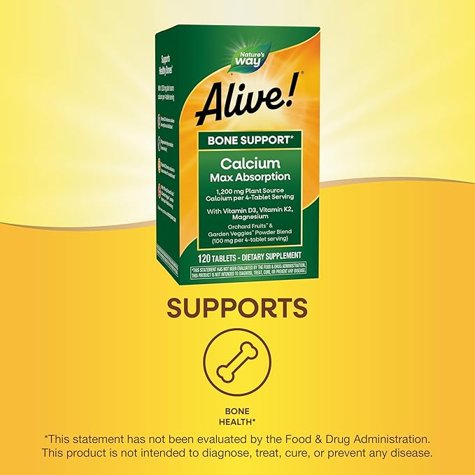 Nature’s Way Alive! Calcium Bone Support Tablets* Max Absorption Calcium Supplement with Vitamins D3 K2 &amp Magnesium Promotes Bone Health and Bone Density* Gluten Free 120 Tablets