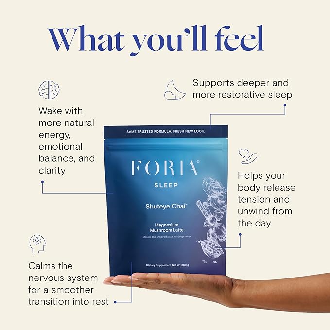 Foria Mellö - Shuteye Chai Magnesium Glycinate Drink Powder for Sleep - Magnesium L Theanine GABA and Mushroom Superblend - Masala Chai Flavor (30 Servings)