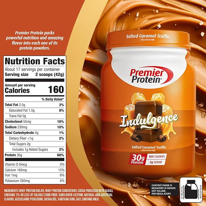 Premier Protein Powder Indulgence Salted Caramel Truffle 30g Protein 160 Calories 2g Sugar Gluten Free (17 Servings)