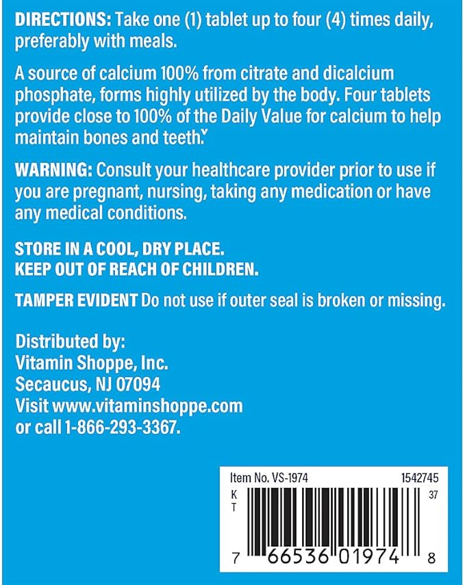 The Vitamin Shoppe Calcium Citrate 300MG - Bone Strength Teeth Health &amp Muscle Function Highly Absorbable (300 Tablets)