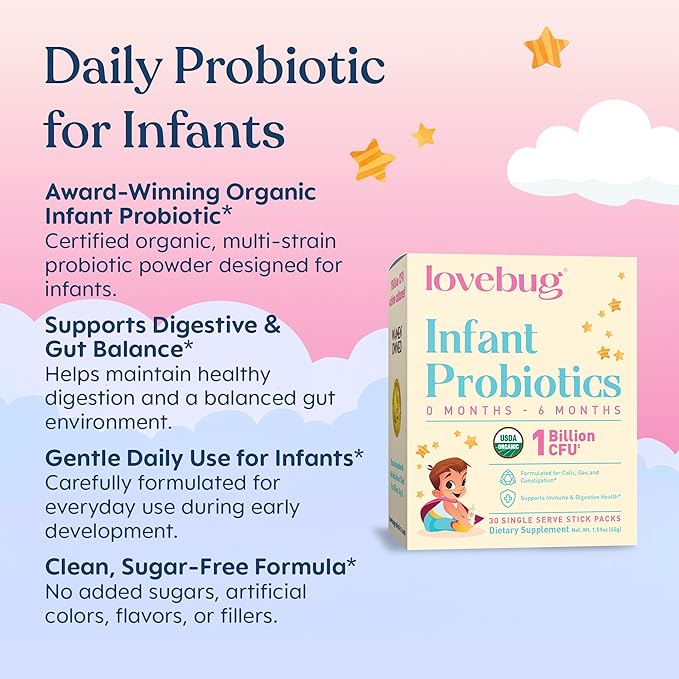 LOVEBUG Infant Probiotics 0-6 Months - USDA Organic Probiotics for Babies Supports Baby Gas Colic Diarrhea and Newborn Constipation Relief Allergen &amp Sugar Free Tasteless Powder 30 Pack