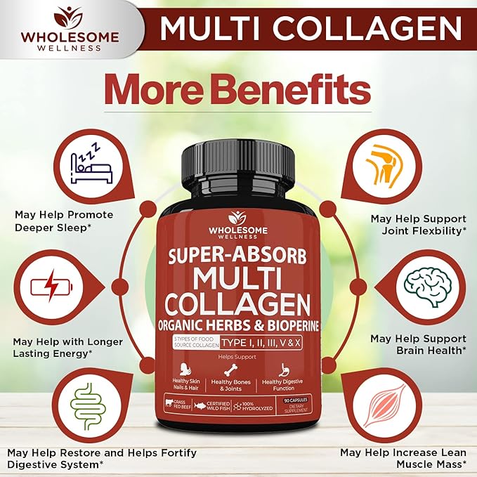 Wholesome Wellness Super-Absorb Multi Collagen Pills (Type I II III V X) Organic Herbs and Bioperine + Whole Food Multivitamin for Men - Natural Multi Vitamins Minerals Organic Extracts Bundle