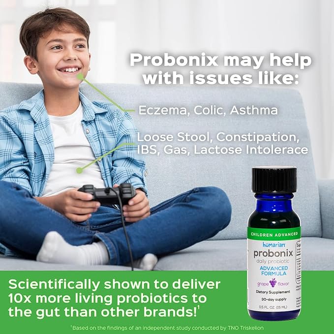 Humarian Advanced Probonix for Kids 30 lbs &amp Up - High Bioavailability Liquid Probiotics - Superior 8-Strain Probiotic Drops to Fortify Gut Health Immunity &amp More - 30-Day Supply Tasty Grape
