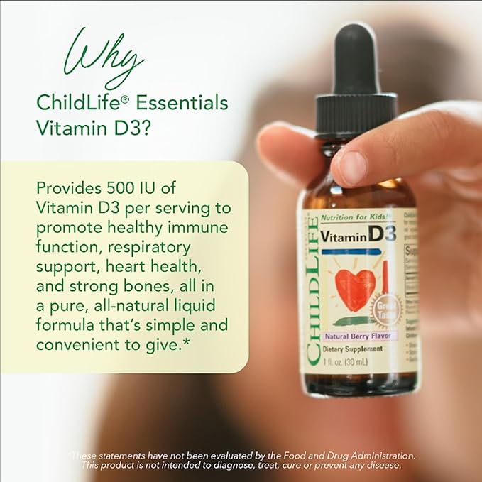 CHILDLIFE ESSENTIALS Vitamin D3 Drops for Kids Children &amp Toddlers - Liquid Vitamin D Drops 500 IU per Drop Immune &amp Bone Health Support Natural Berry - 1 Fl Oz (Pack of 3)