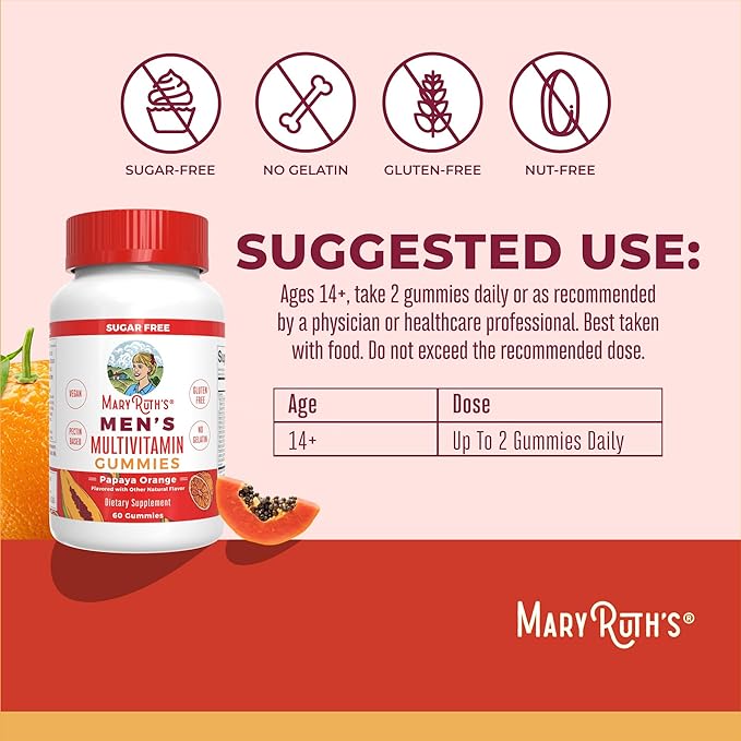 MaryRuth's Multivitamin Gummies for Men | Vitamin A C D E B6 B12 Biotin Zinc | Energy Metabolism | Immunity | Bone Health | Cellular Health | Vegan | Non-GMO | Gluten &amp Sugar Free | 60 Coun
