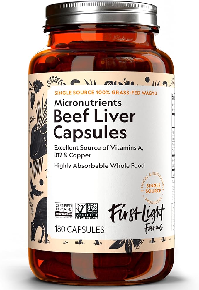First Light Farms Grass-Fed Beef Liver Capsules | Nutrient-Dense Whole Food Nutrition Freeze-Dried Grassfed &amp Certified Humane | 180 Capsules for Energy Immunity and Overall Wellness