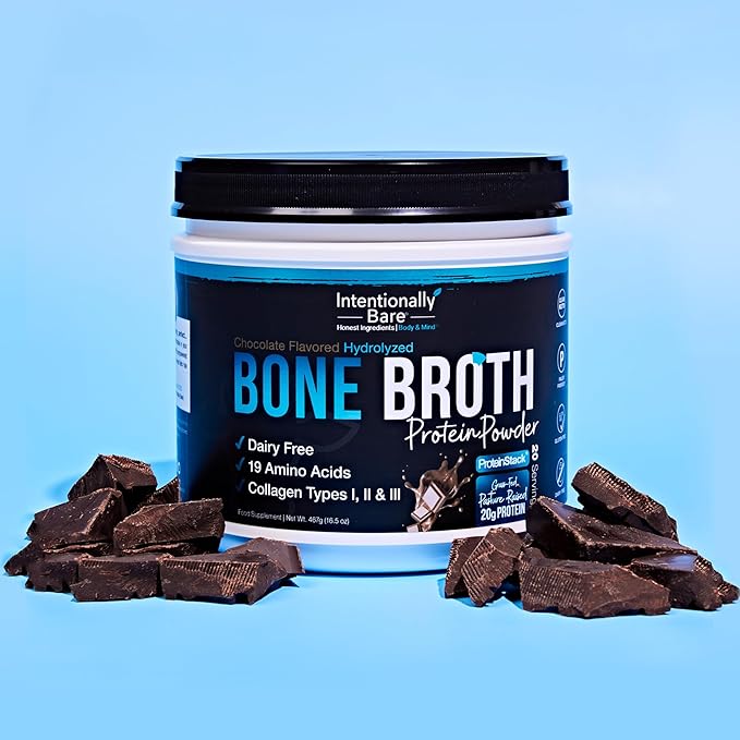 Intentionally Bare Bone Broth Protein Powder Chocolate - Grass Fed Protein Powder with Multi Collagen Peptides Type 1 2 and 3 - Dairy Free Bone Broth Powder for Skin Gut and Joint - 20 Servings