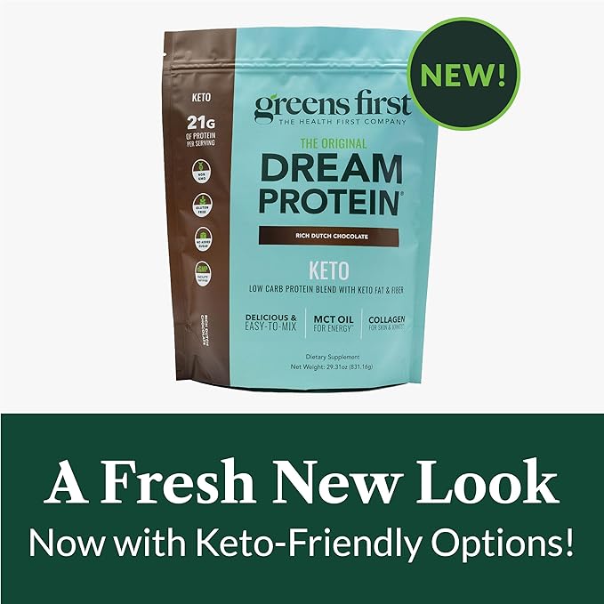 Greens First Dream Protein Powder Keto - 21g Protein Per Serving - Low Carb - with MCT Oil &amp Collagen - Non-GMO Gluten-Free Caffeine-Free (Rich Dutch Chocolate 29.31 oz)