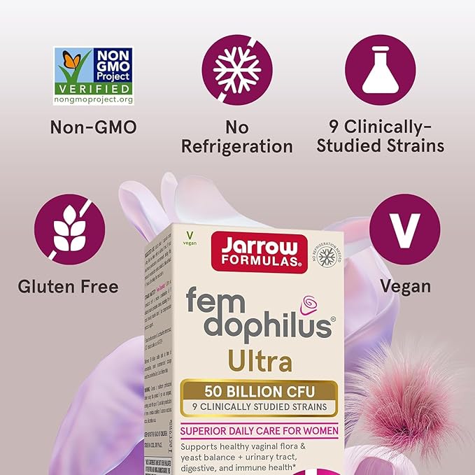 Jarrow Formulas Fem-Dophilus Vaginal &amp Digestive Probiotic 50 Billion CFU 9 Clinically-Studied Strains for Vaginal Flora &amp Yeast Balance Urinary Tract Digestive 30 Capsules (Pack of 2)