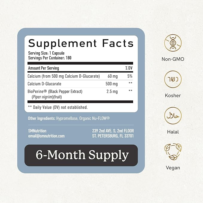 Calcium D-Glucarate | 500mg | CDG for Liver Detox and Cleanse Hormone Balance and Menopause Support | Calcium Supplement | Vegan Non-GMO &amp Third-Party Tested | 180 Capsules (6-Month Supply)