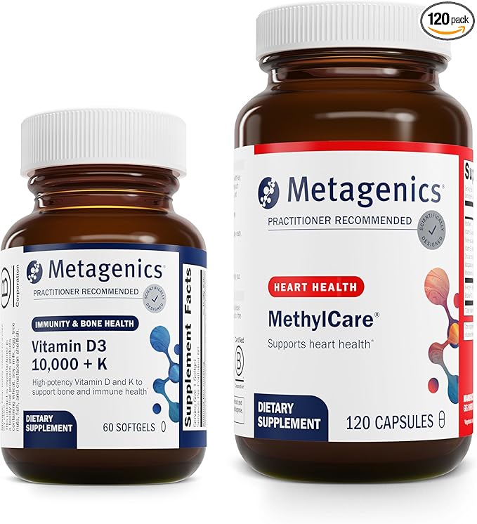 Metagenics Bundle - D3 10000 + K &amp MethylCare - 60 Softgels of D3 for Immune Support Bone Health &amp Heart Health* - 120 Capsules of MethylCare for Homocysteine Metabolism &amp Methylation*