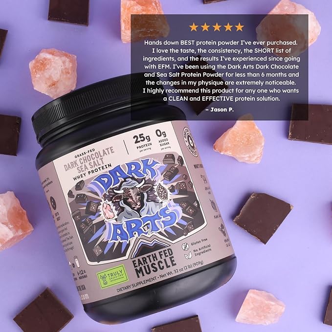 Earth Fed Muscle Dark Arts Grass Fed Truly Grass Fed Whey Protein Powder - No Artificial Ingredients Soy Free Gluten Free Non-GMO and Hormone Free (2 Pound 26 Servings Salted Chocolate)
