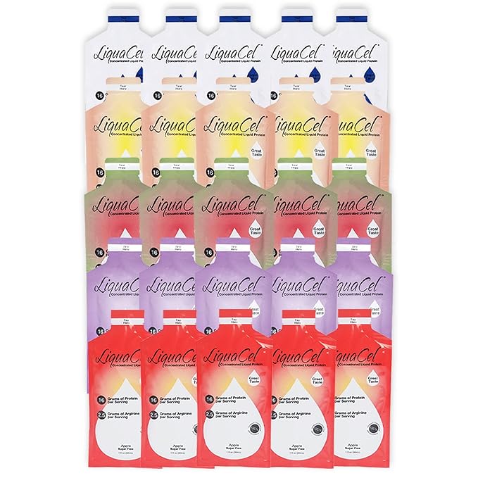 LiquaCel Concentrated Liquid Protein 16g Hydrolyzed Collagen Protein and 2.5g Arginine Per Single-Serving Packet Sugar &amp Gluten Free Recovery Formula 1fl oz Packets 25ct Variety Flavor Pack