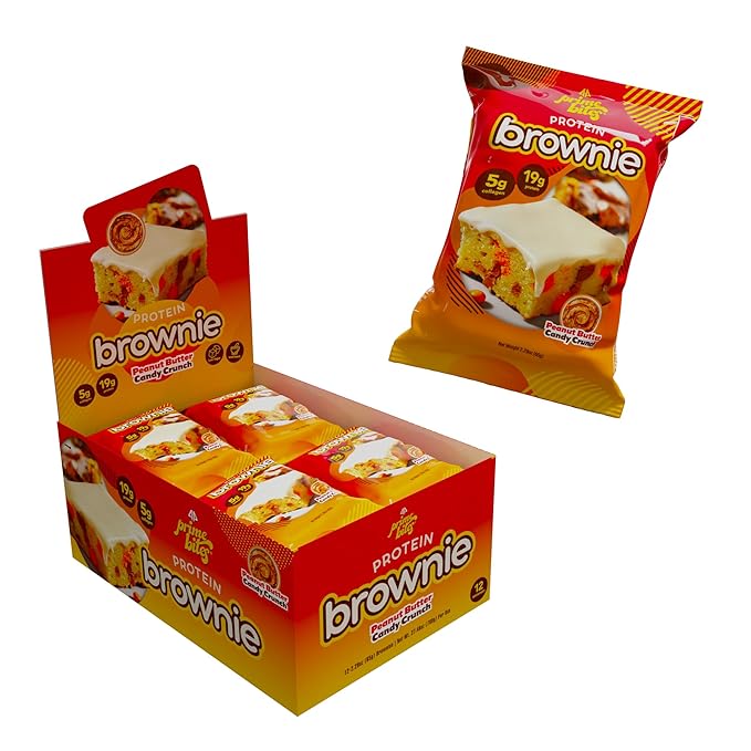 Prime Bites Protein Brownie from Alpha Prime Supplements | High Protein Collagen Fortified Low Sugar Treat | Delicious Snack | 12 Bars per Box (Peanut Butter Candy Crunch)